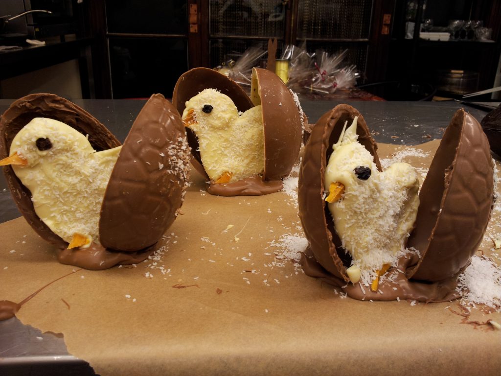chocolate eggs with emerging chocolate chicks